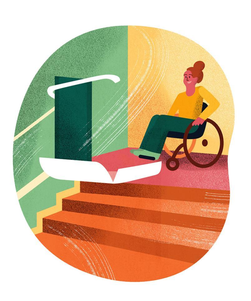 Pyörätuolia käyttävä nainen siirtymässä invaluiskan korvaavaan hissiin sisäänkäynnillä, piirroskuva