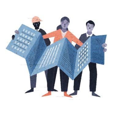 Piirroskuva kolmesta ihmisestä, jotka yhdessä pitelevät harmonikaksi taitettua kerrostalomallia, yksi henkilöllä rakennuskypärä, ilmeet vakavat; sinivalkoiset ja oranssit sävyt symboloivat taloyhtiöiden korjausvelkaa.