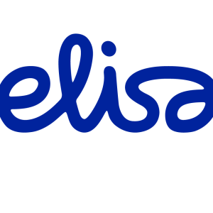 Elisa-logo, sininen käsinkirjoitustyyppinen teksti "elisa"