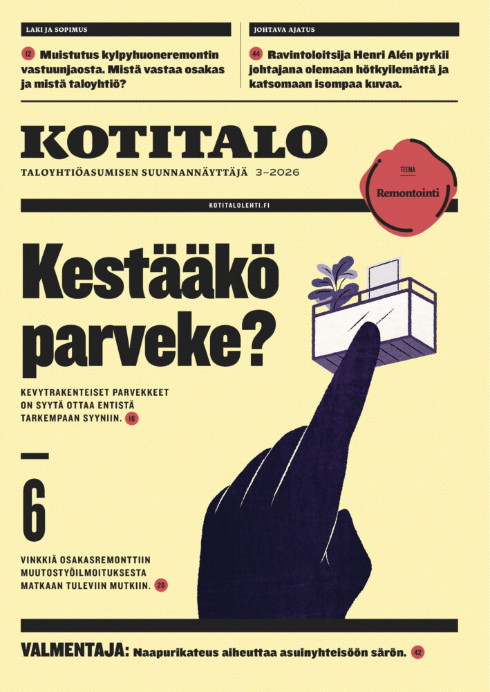 Lehden kansikuva: "Kotitalo" 3–2026, vaaleankeltainen tausta ja retrotyylinen grafiikka, iso pääotsikko "Kestääkö parveke?", tumma käsi osoittaa pientä parveketta kukkaruukun kanssa, punainen ympyräteksti "Remontointi!" sekä useita pienempiä uutisotsikoita ja tekstilaatikoita.