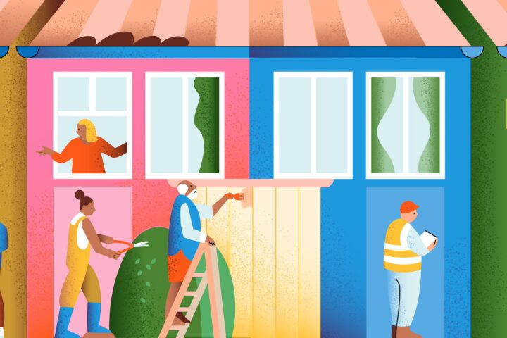 Värikäs kuvitus asuinrakennuksen julkisivusta, jossa useat ihmiset tekevät kiinteistönhoitotöitä kuten maalausta, ikkunoiden pesua, pensaiden leikkausta ja työskentelyä nostolavalta
