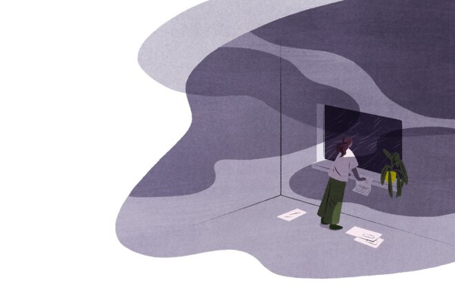 Piirros henkilöstä yksityisessä, violetti-harmaasävyisessä huoneessa, joka pitelee papereita ja työntää laskuja tumman, syvän aukon suuhun seinässä; aukon reunalla roikkuu takki ja laajat varjomaalaukset ympäröivät tilan, symboloiden taloudellista ahdinkoa ja epätoivoa.