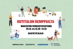 Mainoskuva, keskellä suuri teksti "KOTITALON REMPPAILTA", alapuolella "Maksuton verkkotapahtuma 29.10. klo 16.30–18.30" ja "KOTITALO", ympärillä piirroskuvia taloista, remonttia tekevistä ihmisistä, työkaluista ja koirasta, alareunassa yhteistyökumppaneiden nimet.