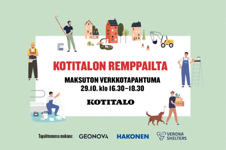 Mainoskuva, keskellä suuri teksti "KOTITALON REMPPAILTA", alapuolella "Maksuton verkkotapahtuma 29.10. klo 16.30–18.30" ja "KOTITALO", ympärillä piirroskuvia taloista, remonttia tekevistä ihmisistä, työkaluista ja koirasta, alareunassa yhteistyökumppaneiden nimet.